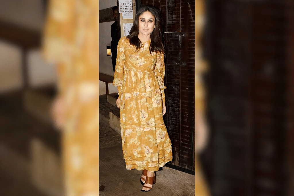 Floral Affair: Kareena wore a stunning muted orange floral print dress. Her dress featured an elegant high neckline and subtle pleat accents on the front. Bebo maintained a minimalist look and complemented her outfit with sleek hair, kohl rimmed eyes and soft pinkish nude lips. (Photo Courtesy: Pinterest)
